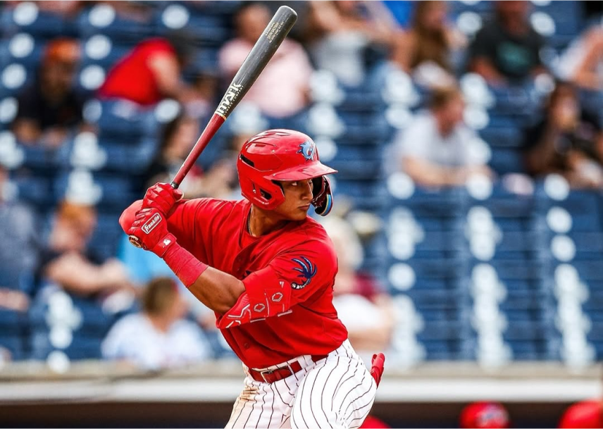 Baseball player in red uniform and helmet preparing to swing a Mark Lumber wood bat during a game, with blurred stadium seats and spectators in the background.