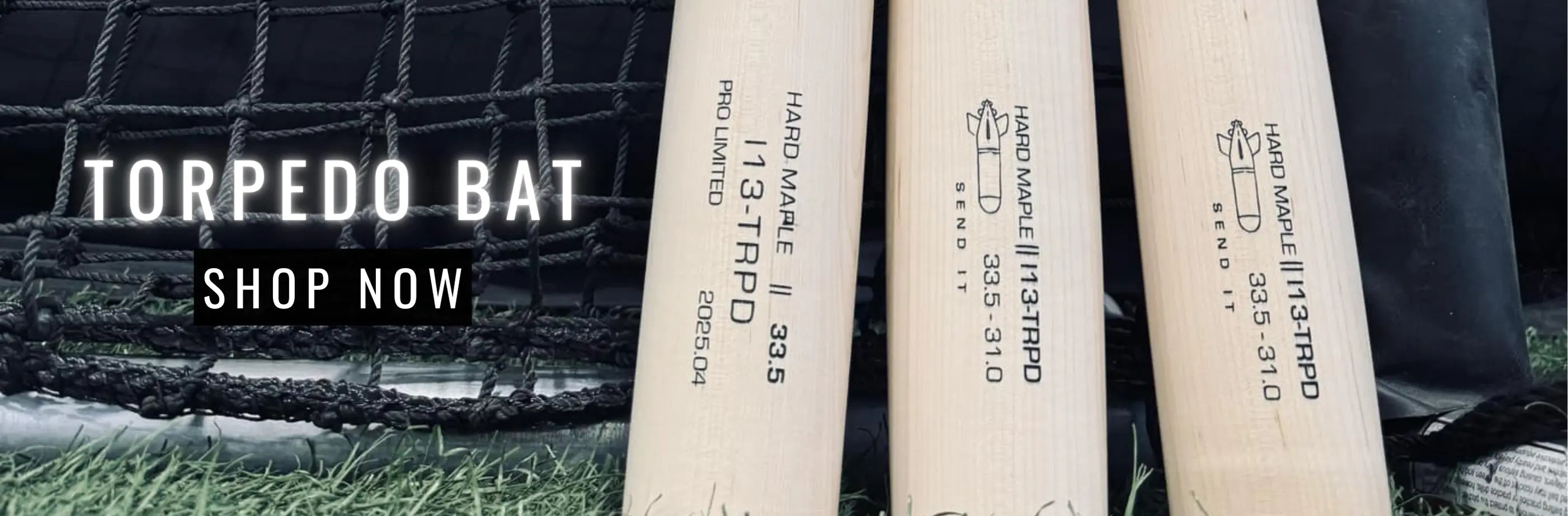 Three Mark Lumber Torpedo wood baseball bats engraved with 113-TRPD specs leaning against netting on turf, with “Shop Now” text overlay.