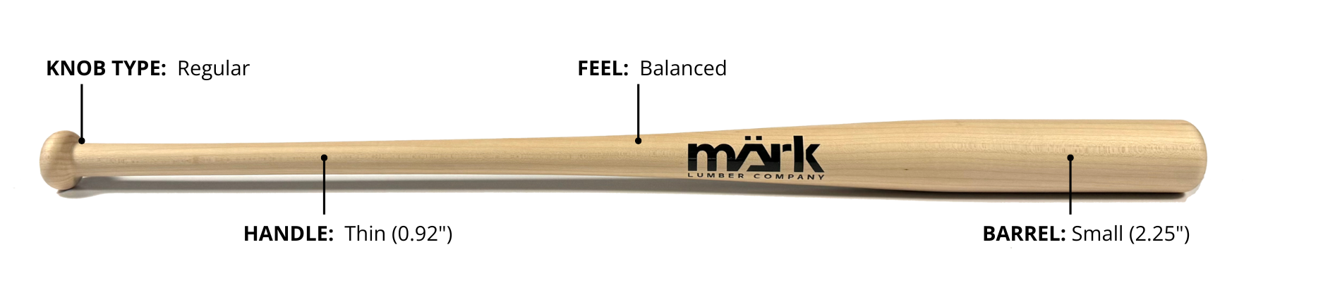 Mark Lumber youth wood baseball bat with a regular knob, thin 0.92-inch handle, balanced feel, and small 2.25-inch barrel design.