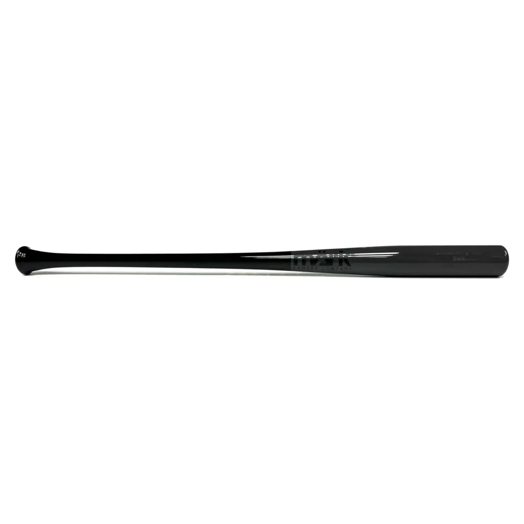 Glossy black wooden baseball bat with tapered handle and barrel.