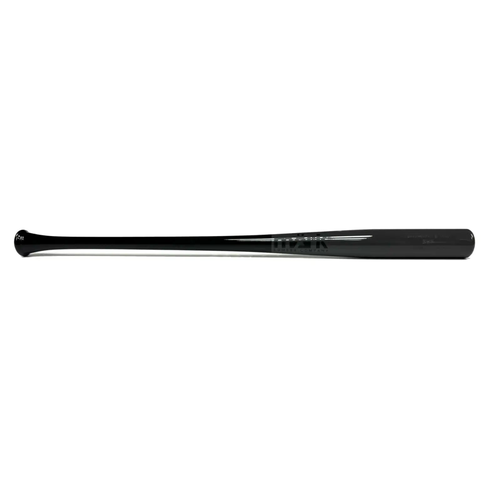 Glossy black wooden baseball bat with tapered handle and barrel.