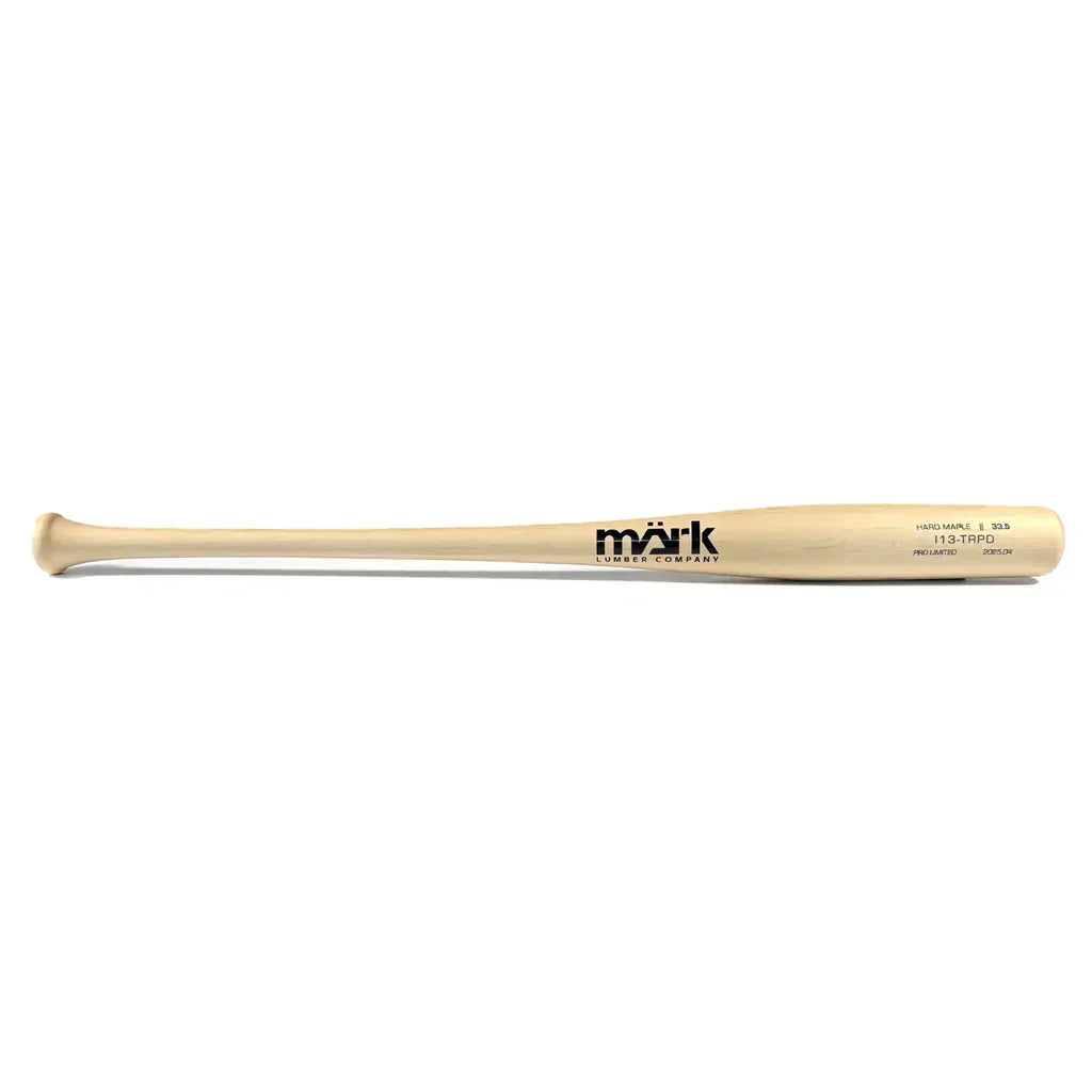Natural wood baseball bat by Märk Lumber Company with model 113-TRPD engraved on barrel.