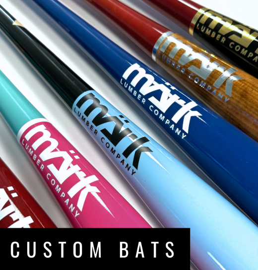 A diagonal arrangement of custom Mark Lumber baseball bats in various bold colours & finishes, each featuring the brand logo, with “Custom Bats” text.